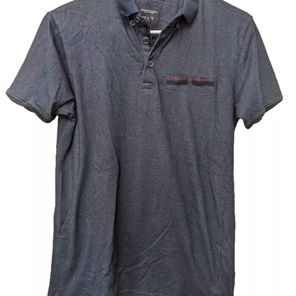 Small Denim & Flower Ricky Singh Short Sleeve Polo Collared Blue/Red Trim Golf